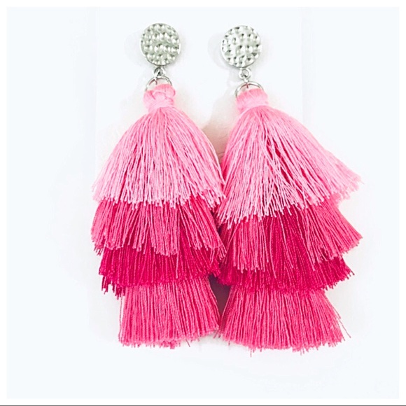 Jewelry - Pink Ombré Tiered Tassels Earrings Silver Studs